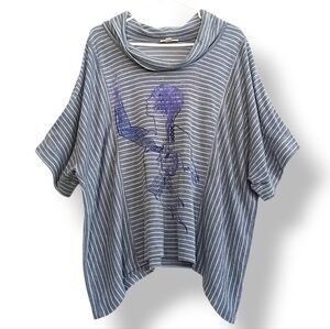 Artisan Screenprinted Asymmetrical Poncho Blouse Grey Pinstripe Soft Cowl Neck